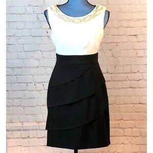 Signature Sabrina A-line Tiered Dress Beaded Neck White Bodice Black Skirt 4P